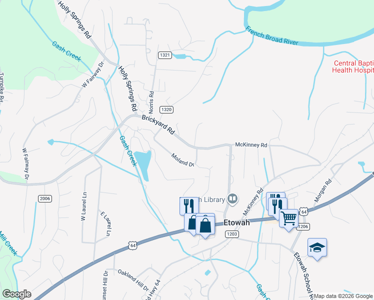 map of restaurants, bars, coffee shops, grocery stores, and more near 24 Moland Drive in Etowah