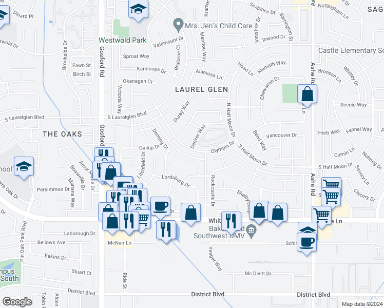 map of restaurants, bars, coffee shops, grocery stores, and more near 7401 Olympia Drive in Bakersfield