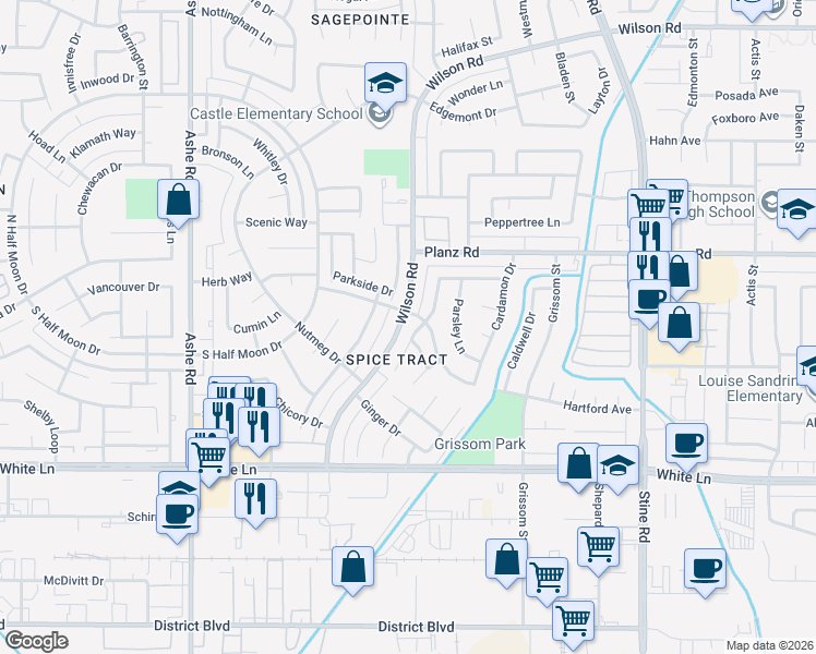 map of restaurants, bars, coffee shops, grocery stores, and more near 5401 Lido Lane in Bakersfield
