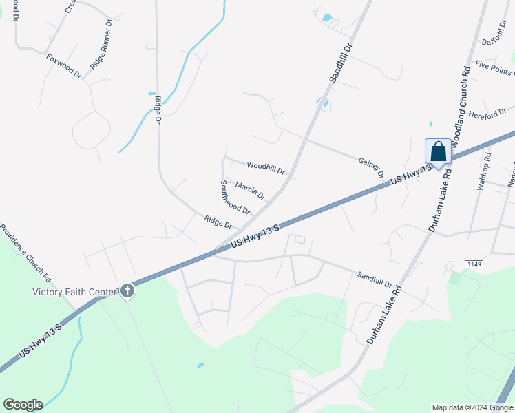 map of restaurants, bars, coffee shops, grocery stores, and more near 512 Sandhill Drive in Goldsboro