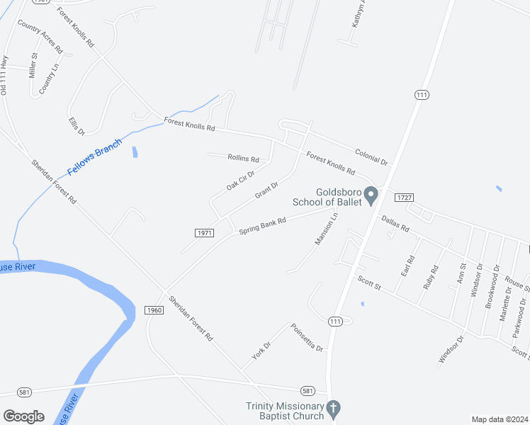 map of restaurants, bars, coffee shops, grocery stores, and more near 266 Spring Bank Road in Goldsboro