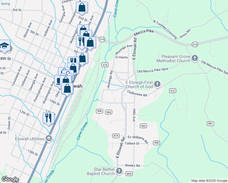 map of restaurants, bars, coffee shops, grocery stores, and more near 130 County Road 905 in Etowah