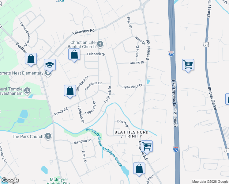 map of restaurants, bars, coffee shops, grocery stores, and more near 8009 Bella Vista Court in Charlotte