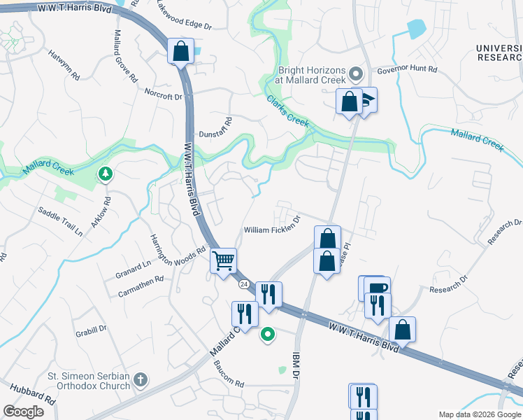 map of restaurants, bars, coffee shops, grocery stores, and more near 8647-8663 Cliff Cameron Drive in Charlotte