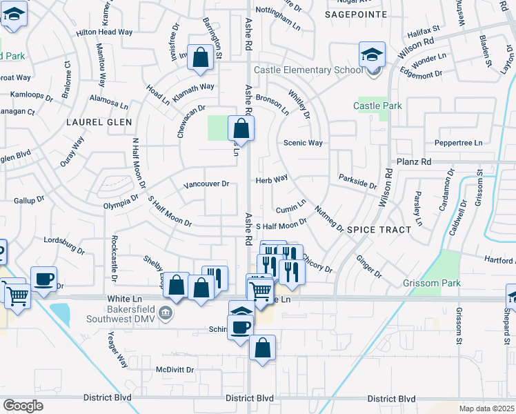 map of restaurants, bars, coffee shops, grocery stores, and more near 3412 Waldport Lane in Bakersfield