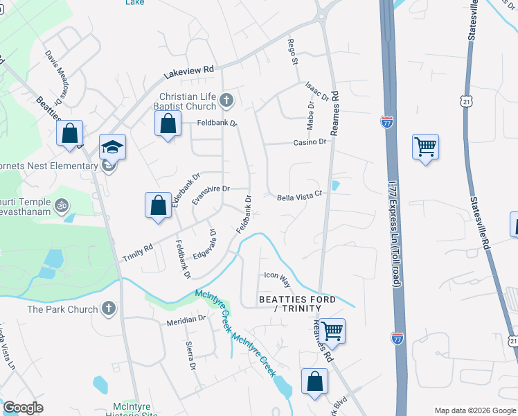 map of restaurants, bars, coffee shops, grocery stores, and more near 8009 Bella Vista Court in Charlotte