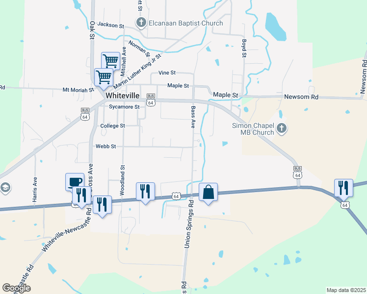 map of restaurants, bars, coffee shops, grocery stores, and more near 30 Apple Cove in Whiteville