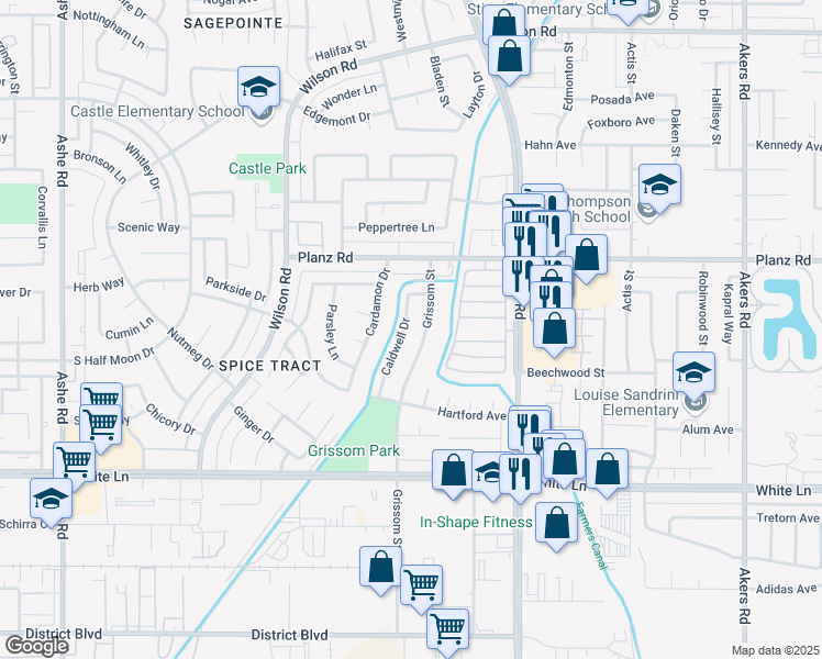 map of restaurants, bars, coffee shops, grocery stores, and more near 3500 Caldwell Drive in Bakersfield