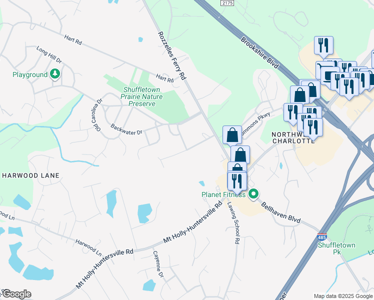 map of restaurants, bars, coffee shops, grocery stores, and more near Monarch Drive in Charlotte