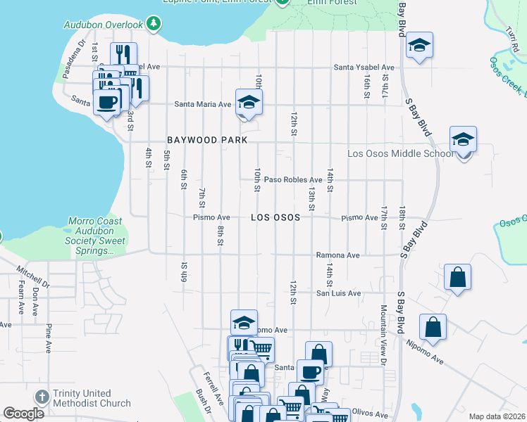 map of restaurants, bars, coffee shops, grocery stores, and more near 1588 10th Street in Baywood-Los Osos