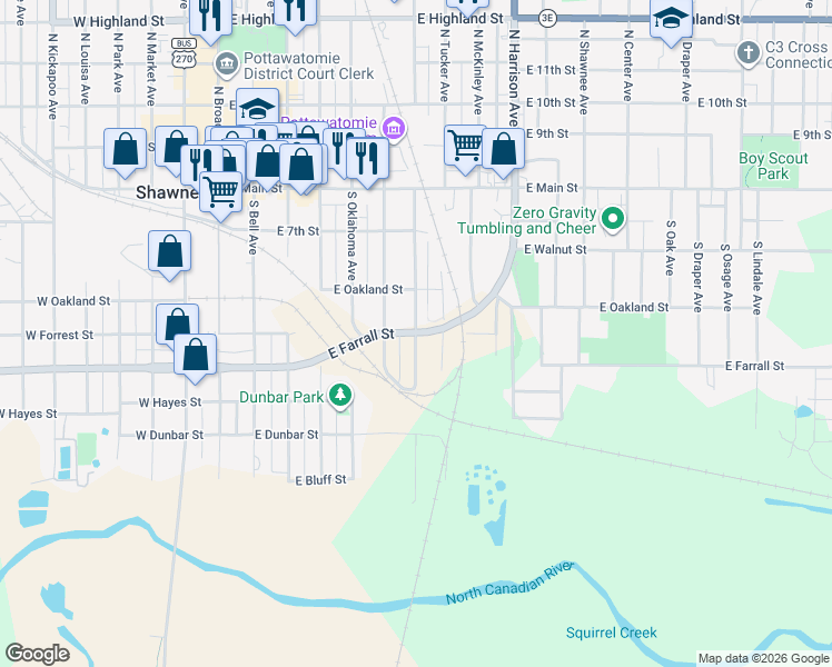 map of restaurants, bars, coffee shops, grocery stores, and more near 601 East Farrall Street in Shawnee