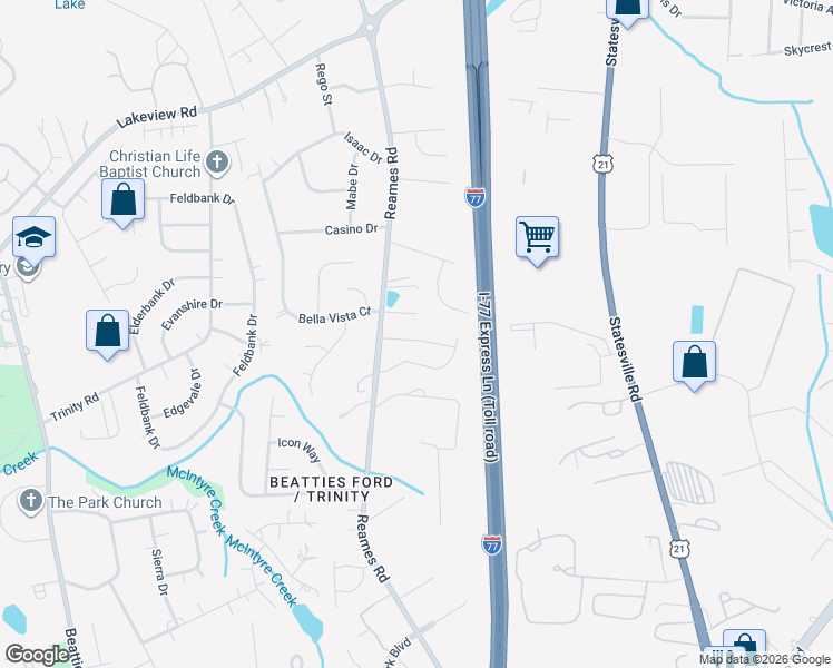 map of restaurants, bars, coffee shops, grocery stores, and more near 7801 Shalom Drive in Charlotte
