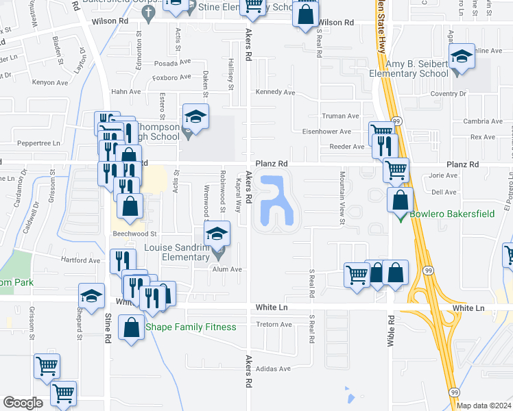map of restaurants, bars, coffee shops, grocery stores, and more near 4140 Pinewood Lake Drive in Bakersfield