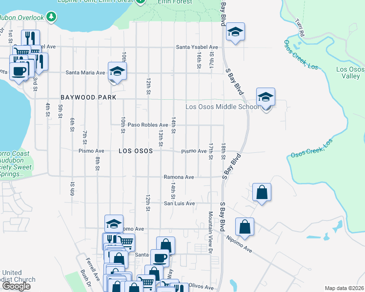 map of restaurants, bars, coffee shops, grocery stores, and more near 1595 15th Street in Baywood-Los Osos