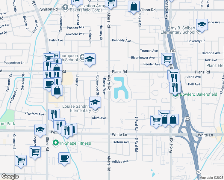 map of restaurants, bars, coffee shops, grocery stores, and more near 4140 Pinewood Lake Drive in Bakersfield