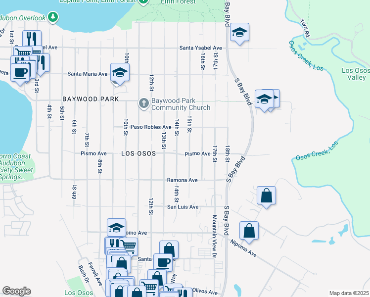 map of restaurants, bars, coffee shops, grocery stores, and more near 1595 15th Street in Baywood-Los Osos