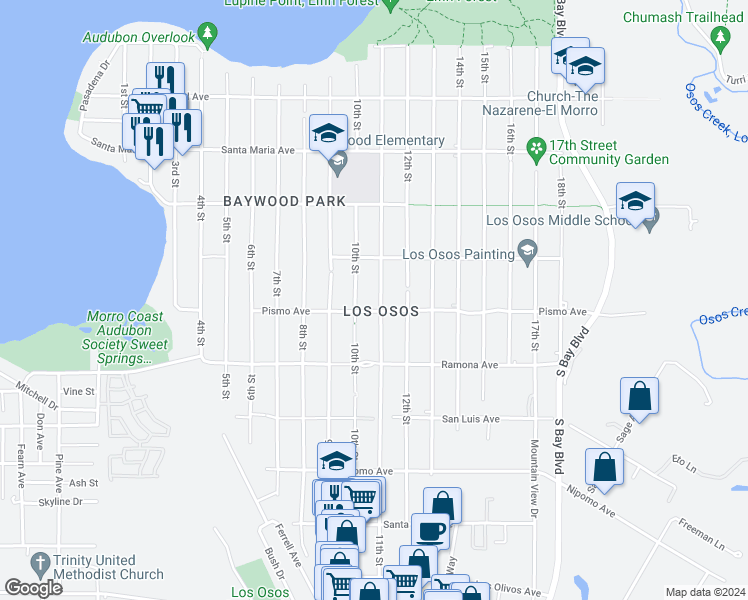 map of restaurants, bars, coffee shops, grocery stores, and more near 1550 11th Street in Baywood-Los Osos