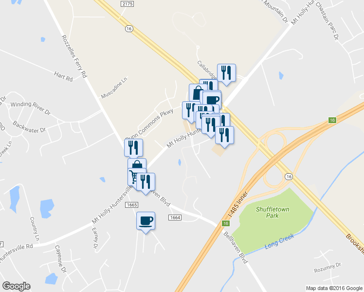 map of restaurants, bars, coffee shops, grocery stores, and more near 3413 Mount Holly-Huntersville Road in Charlotte