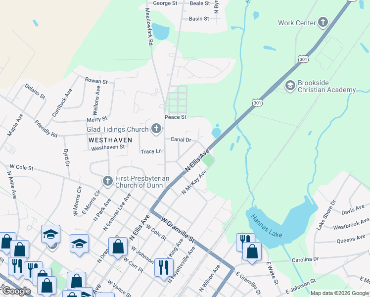 map of restaurants, bars, coffee shops, grocery stores, and more near 1503 Fairview Street in Dunn