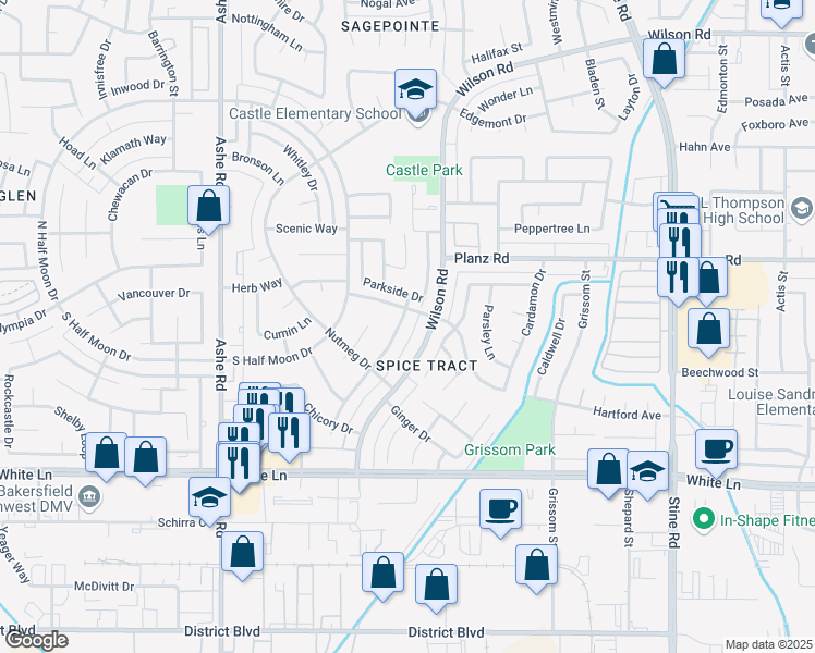 map of restaurants, bars, coffee shops, grocery stores, and more near 3408 Sesame Street in Bakersfield