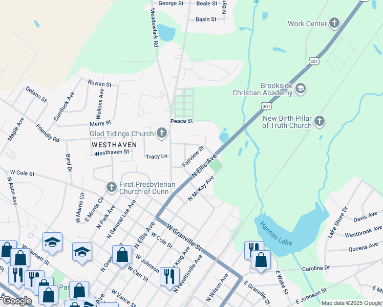 map of restaurants, bars, coffee shops, grocery stores, and more near 1503 Fairview Street in Dunn