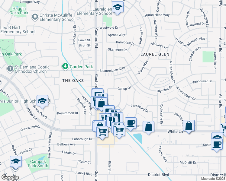 map of restaurants, bars, coffee shops, grocery stores, and more near 3412 Flagstaff Way in Bakersfield