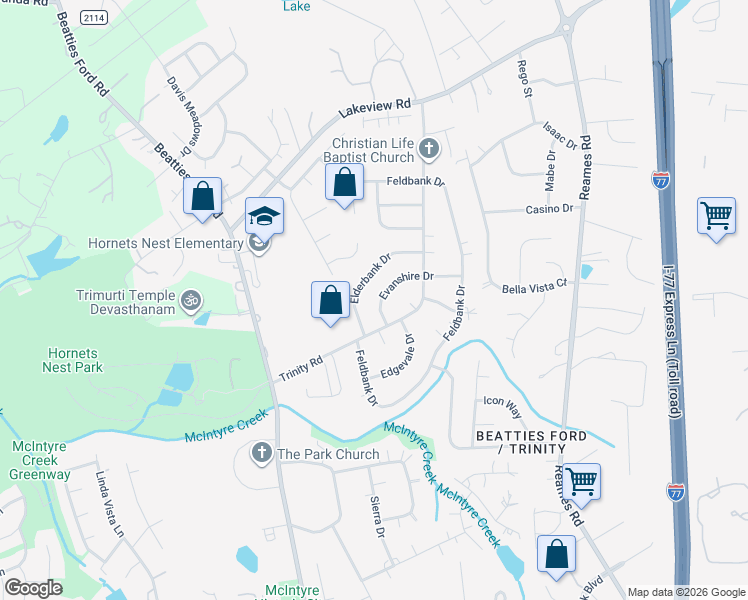 map of restaurants, bars, coffee shops, grocery stores, and more near 5333 Evanshire Drive in Charlotte