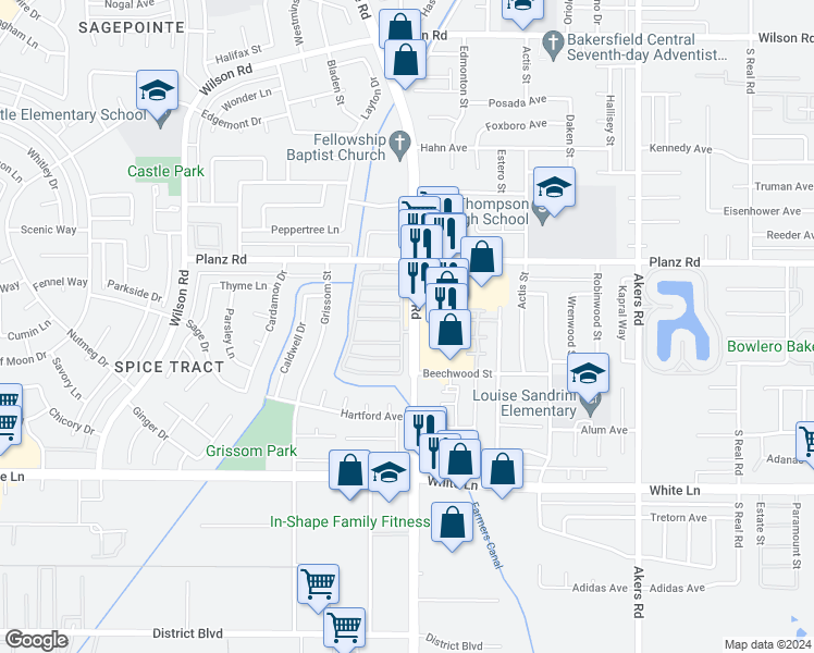 map of restaurants, bars, coffee shops, grocery stores, and more near 3535 Stine Road in Bakersfield