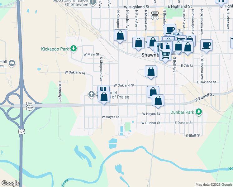 map of restaurants, bars, coffee shops, grocery stores, and more near 406 South Kickapoo Street in Shawnee