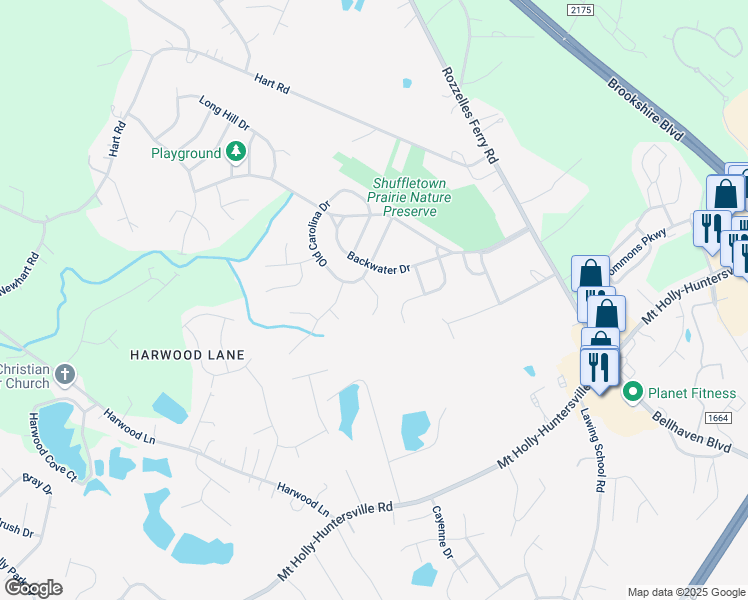 map of restaurants, bars, coffee shops, grocery stores, and more near 9433 Greenbank Court in Charlotte