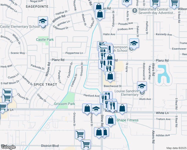 map of restaurants, bars, coffee shops, grocery stores, and more near in Bakersfield
