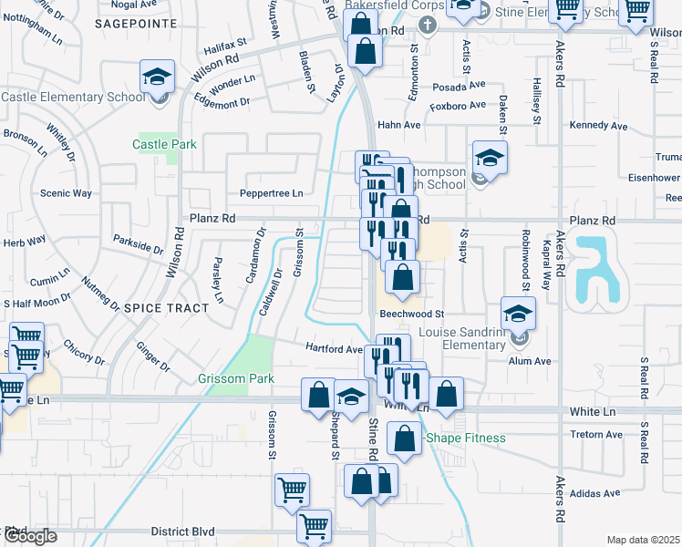 map of restaurants, bars, coffee shops, grocery stores, and more near 3535 Stine Rd in Bakersfield