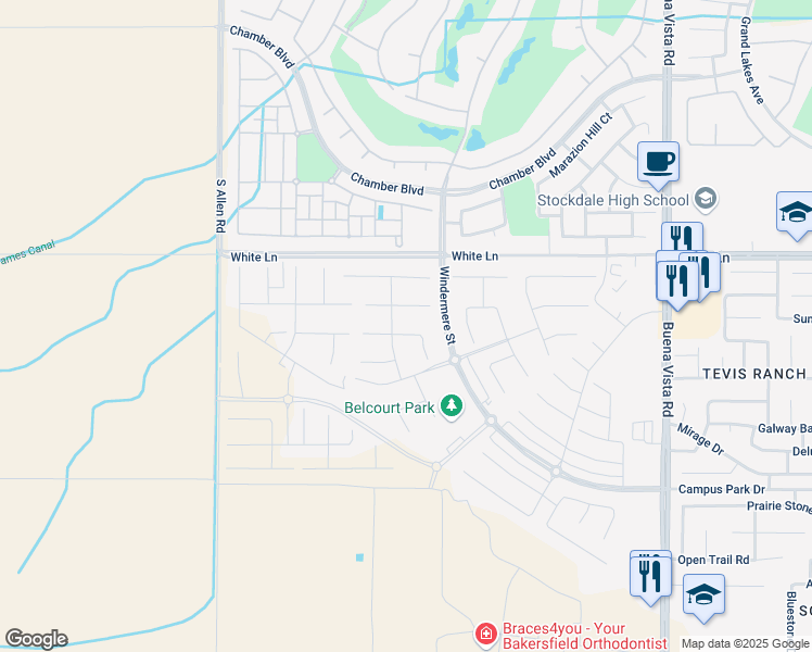 map of restaurants, bars, coffee shops, grocery stores, and more near 12218 Champlin Place in Bakersfield