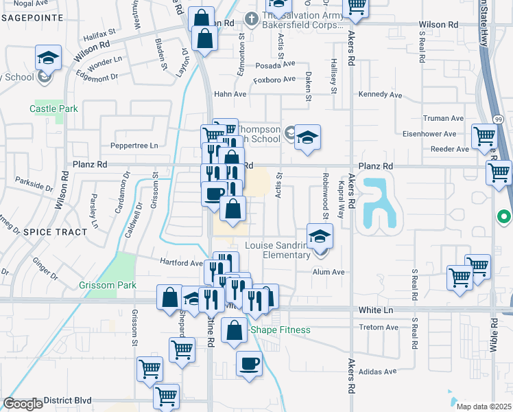 map of restaurants, bars, coffee shops, grocery stores, and more near 4600 Beechwood Street in Bakersfield