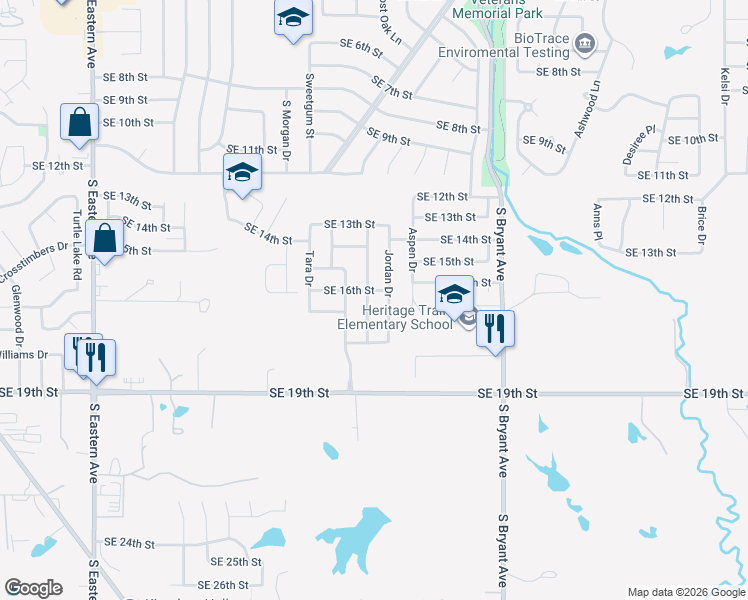 map of restaurants, bars, coffee shops, grocery stores, and more near 1616 Jordan Drive in Moore