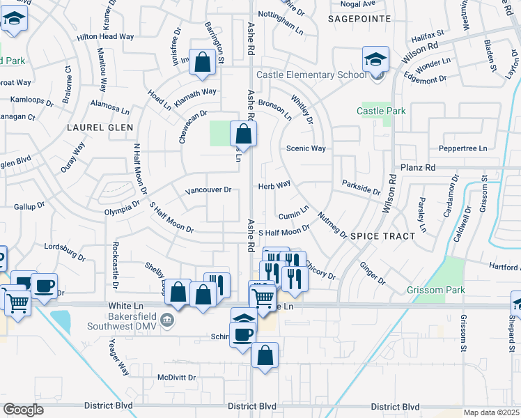 map of restaurants, bars, coffee shops, grocery stores, and more near 3412 Waldport Lane in Bakersfield