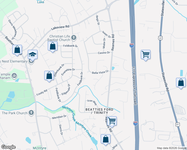 map of restaurants, bars, coffee shops, grocery stores, and more near 7801 Ebony Road in Charlotte