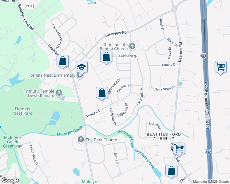 map of restaurants, bars, coffee shops, grocery stores, and more near 5333 Evanshire Drive in Charlotte
