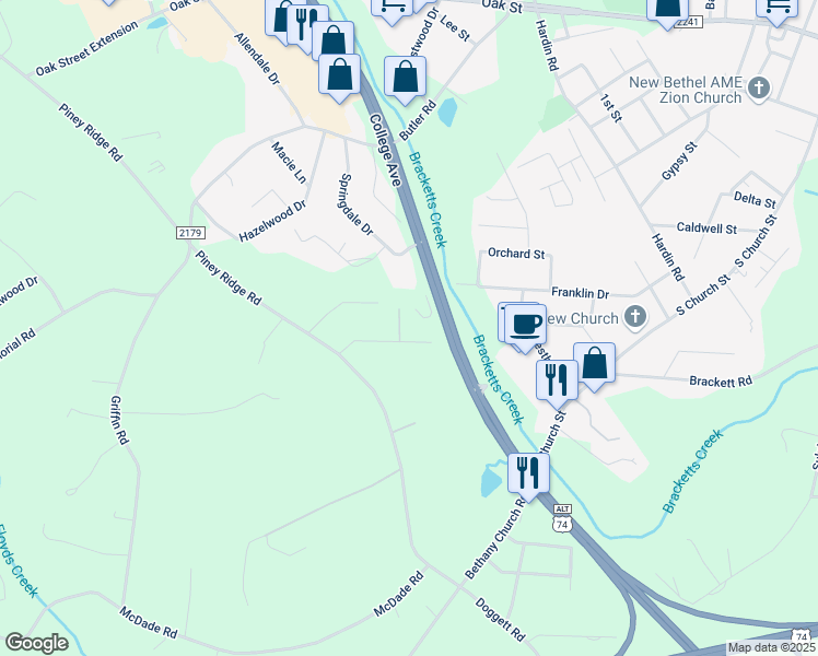map of restaurants, bars, coffee shops, grocery stores, and more near 127 Mockingbird Lane in Forest City
