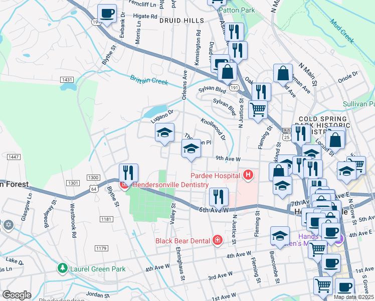 map of restaurants, bars, coffee shops, grocery stores, and more near 950 Orleans Avenue in Hendersonville