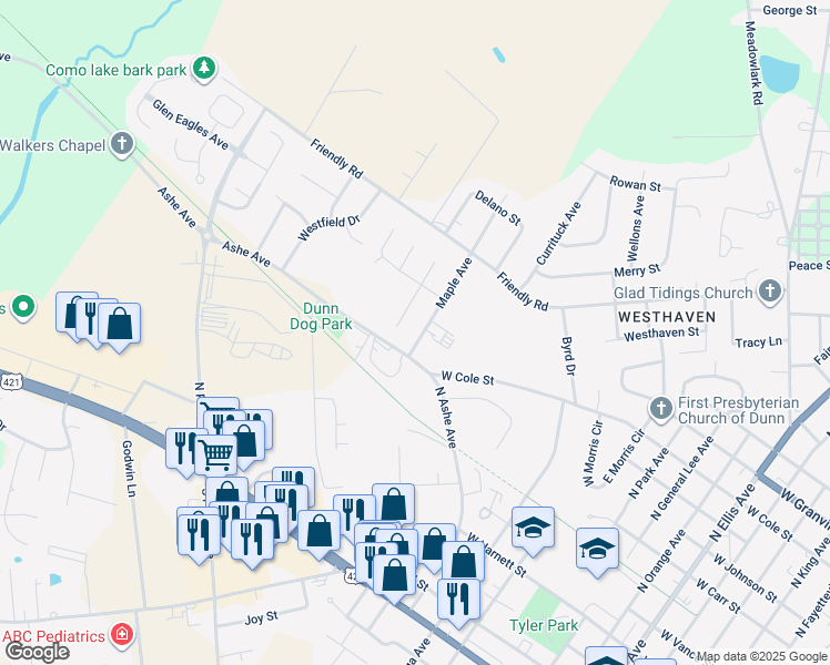 map of restaurants, bars, coffee shops, grocery stores, and more near 705 Maple Avenue in Dunn