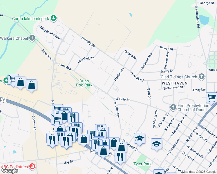 map of restaurants, bars, coffee shops, grocery stores, and more near 705 Maple Avenue in Dunn