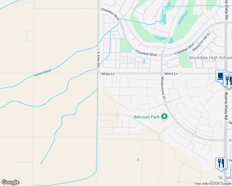 map of restaurants, bars, coffee shops, grocery stores, and more near 12616 Espalier Court in Bakersfield