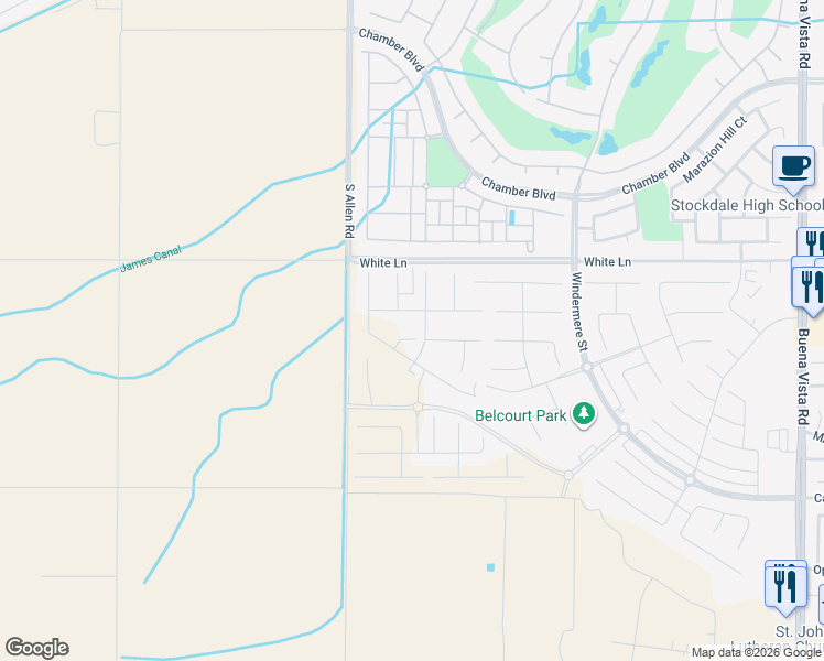 map of restaurants, bars, coffee shops, grocery stores, and more near 12616 Espalier Court in Bakersfield