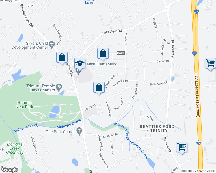 map of restaurants, bars, coffee shops, grocery stores, and more near 5234 Elderbank Drive in Charlotte