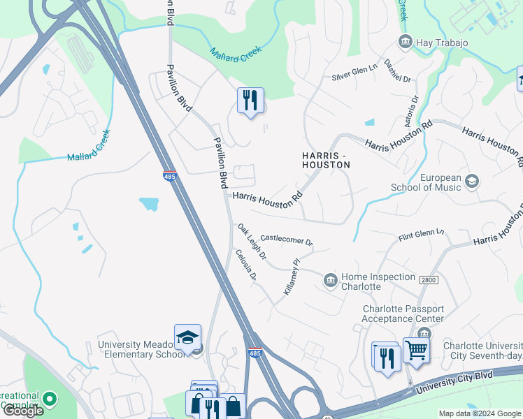 map of restaurants, bars, coffee shops, grocery stores, and more near 11626 Kempsford Drive in Charlotte