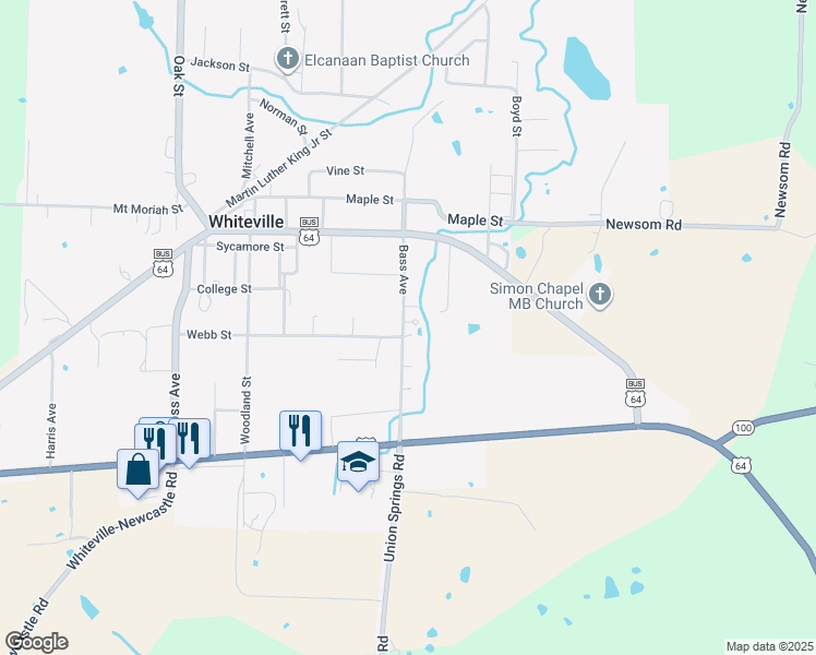 map of restaurants, bars, coffee shops, grocery stores, and more near 30 Apple Cove in Whiteville