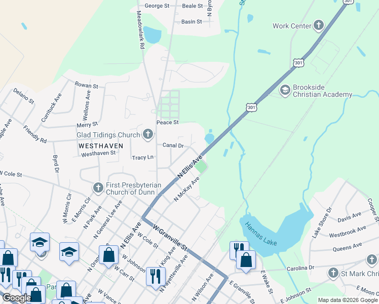 map of restaurants, bars, coffee shops, grocery stores, and more near 1507 Fairview Street in Dunn