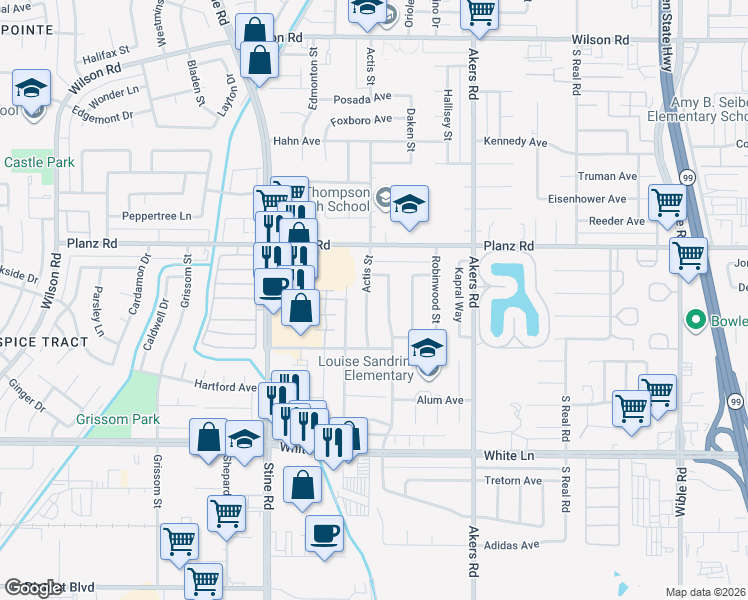 map of restaurants, bars, coffee shops, grocery stores, and more near 3404 Actis Street in Bakersfield