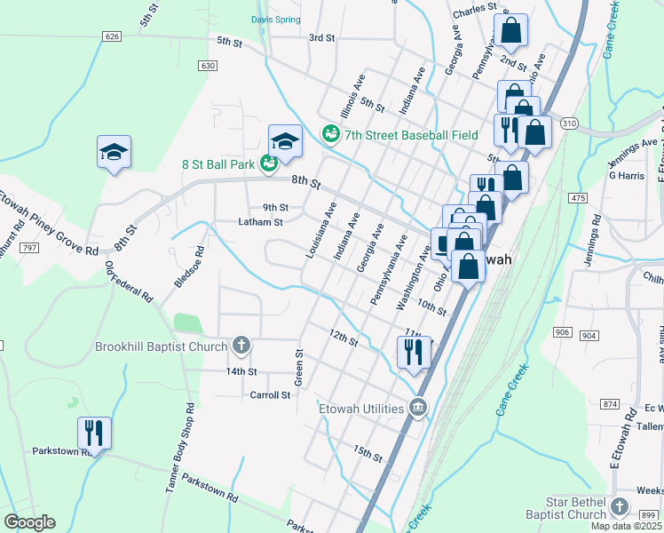 map of restaurants, bars, coffee shops, grocery stores, and more near 922 Indiana Avenue in Etowah